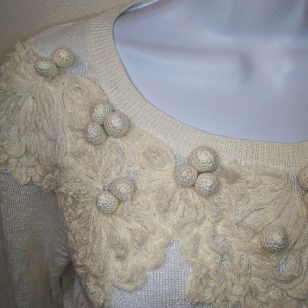 Anthropologie Floreat Ivory Cottagecore Style Crocheted Linen Blend Sweater - Picture 4 of 10
